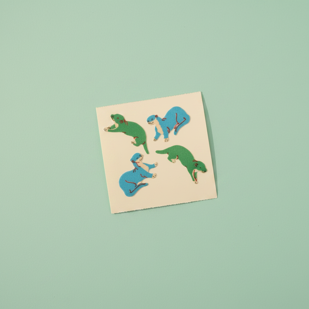 Vintage Great Seven Fuzzy Flocked Otters Sticker Sheet — overhead minimal