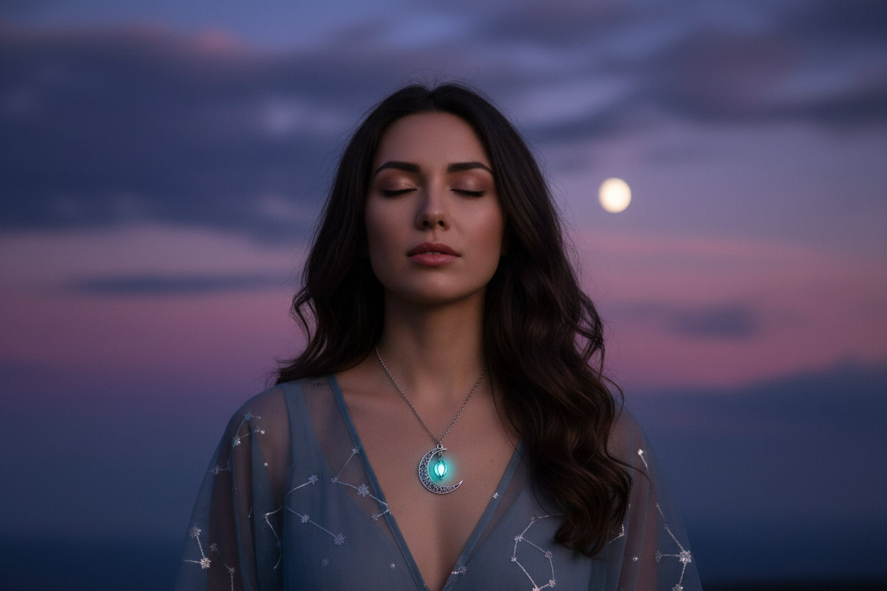 Moon Natural Glowing Stone Healing Necklace lifestyle shot