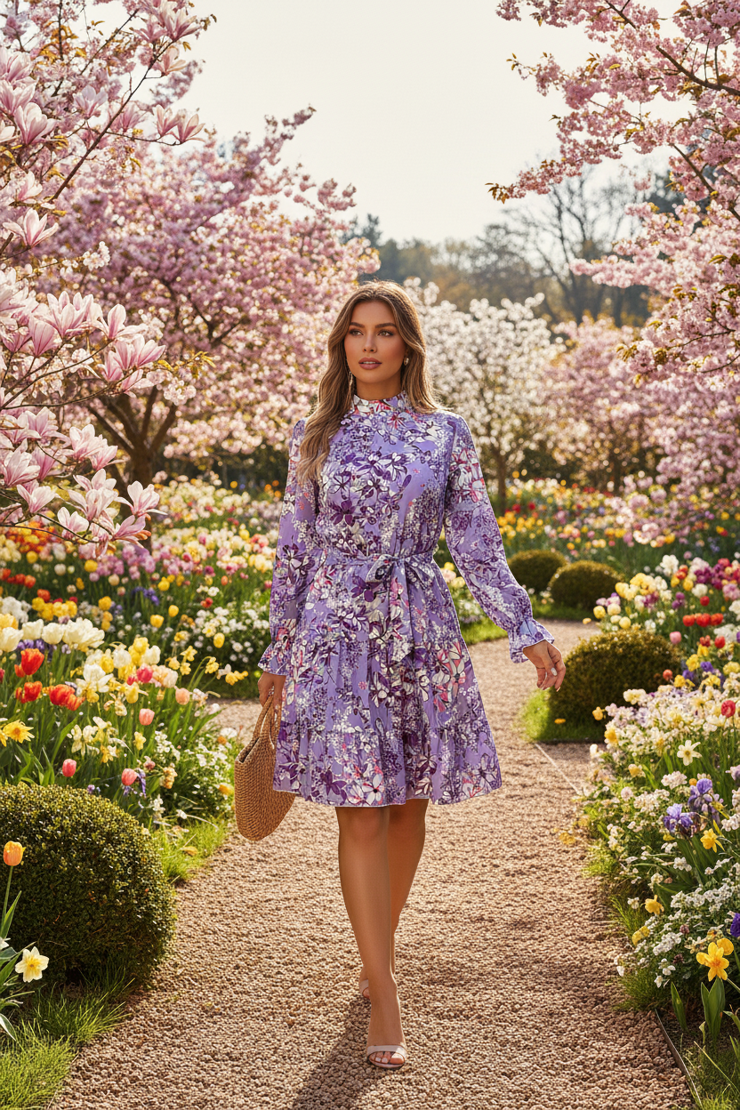 Elegant Floral Print A-Line Midi Dress with Standing Collar & Long Sleeves – Romantic & Flattering