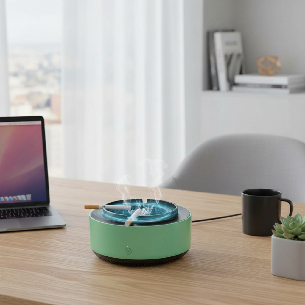 Portable smokeless ashtray and air purifier on desk in modern home office filtering smoke