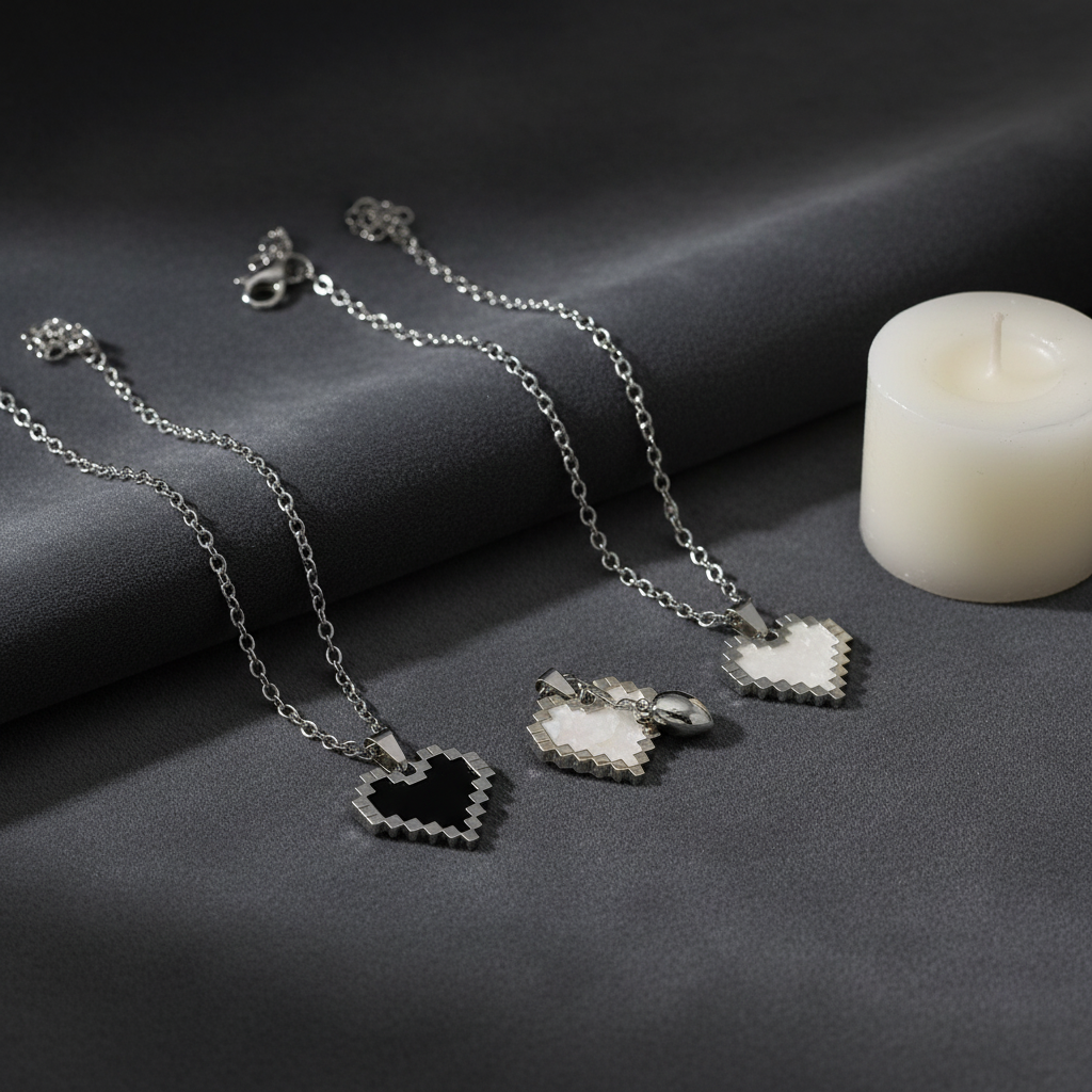 Magnetic Heart Mosaic Couples Necklace Set – White and Black Display