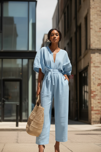Women's V-Neck Cotton-Linen Jumpsuit – Breathable Summer Chic & Timeless Elegance