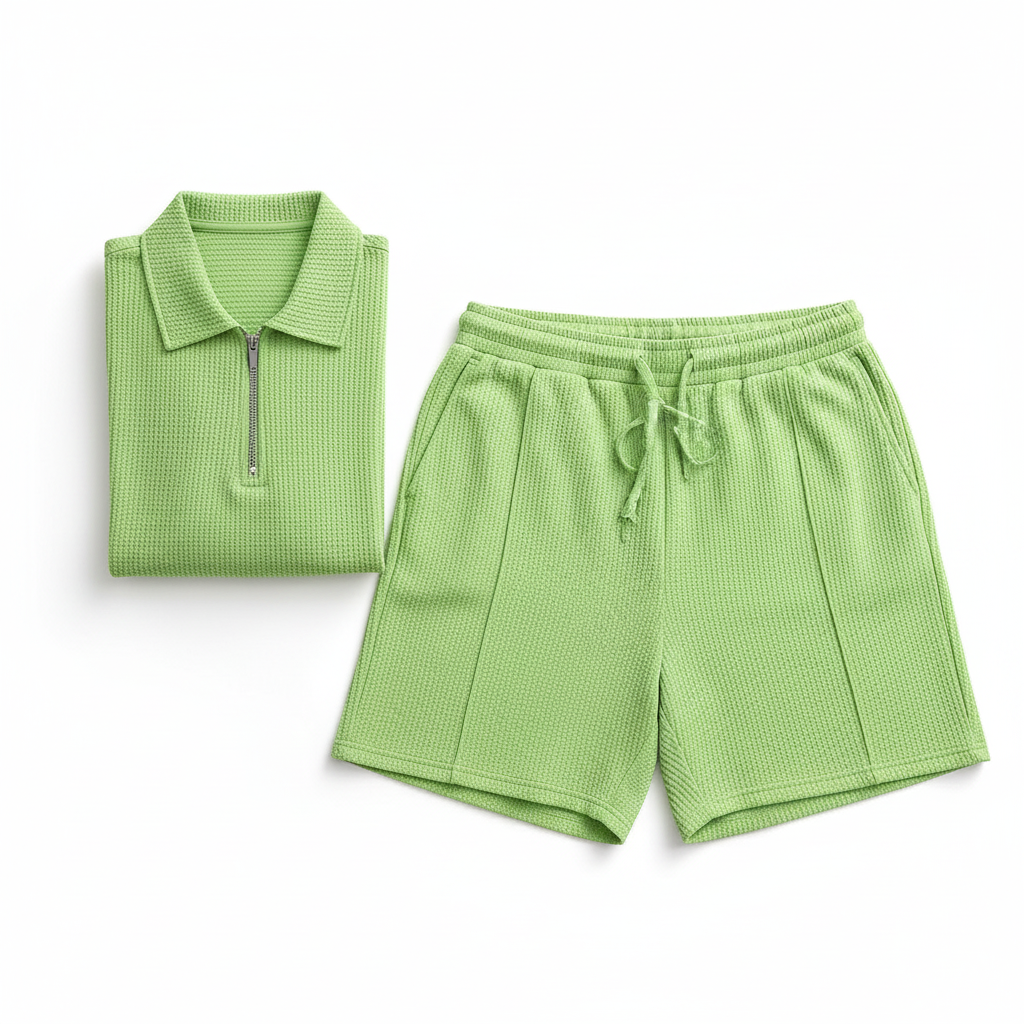 Men's 2-piece waffle suit set flat lay showing zipper top and drawstring shorts texture