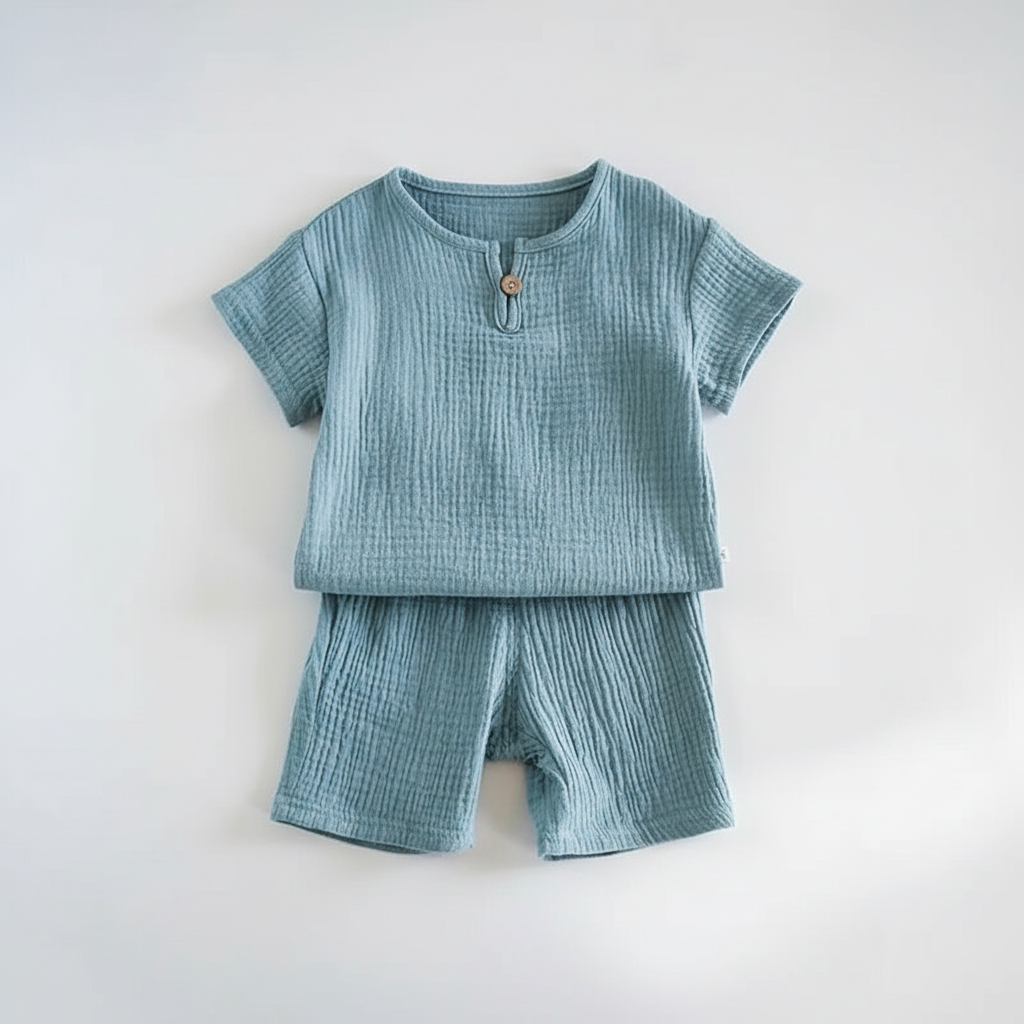 Baby short-sleeved summer suit flat lay on white surface
