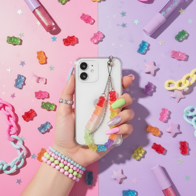 Y2K Gummy Bear Chain Phone Case – TPU iPhone Cover with Wearable Bracelet
