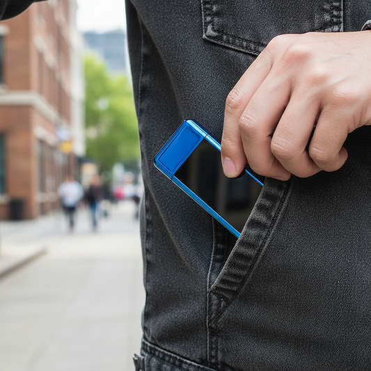 WD-850 LED induction lighter being slid out of jacket breast pocket in urban outdoor setting