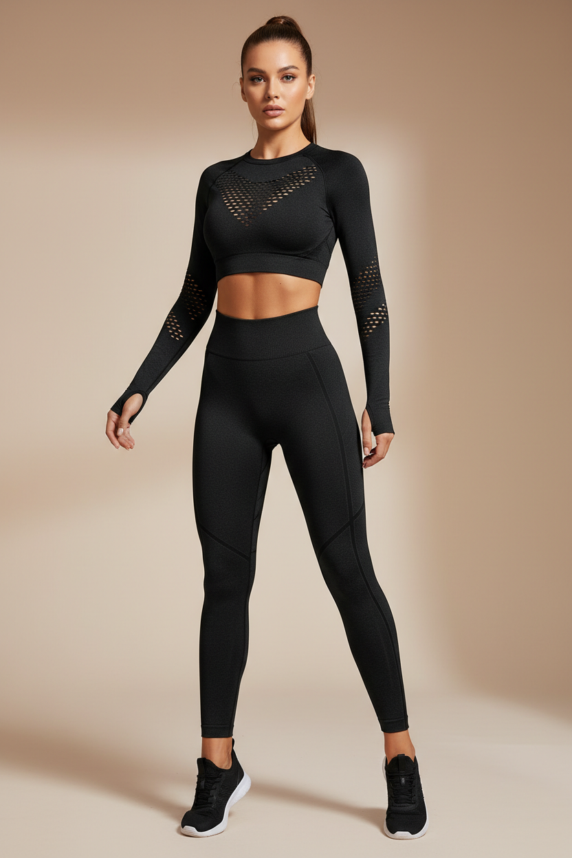 Black 2-Piece Seamless Gym Set – Hollow Long Sleeve Top & Butt Lifting High Waist Leggings