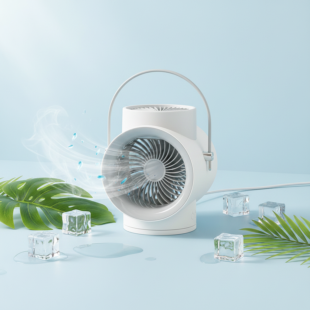 USB mini fan styled on light blue surface with ice cubes and tropical leaves