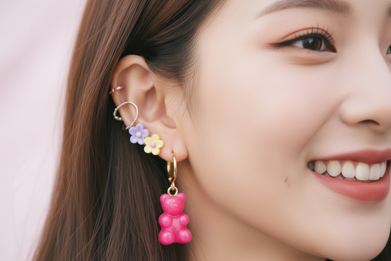 Korean Colorful Candy Bear Earrings lifestyle shot