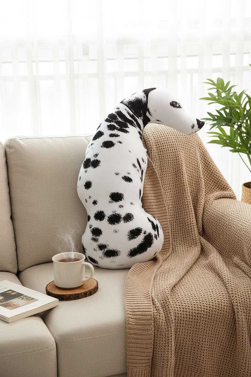 3D dog print throw pillow styled on cozy sofa with blanket and tea - lifestyle