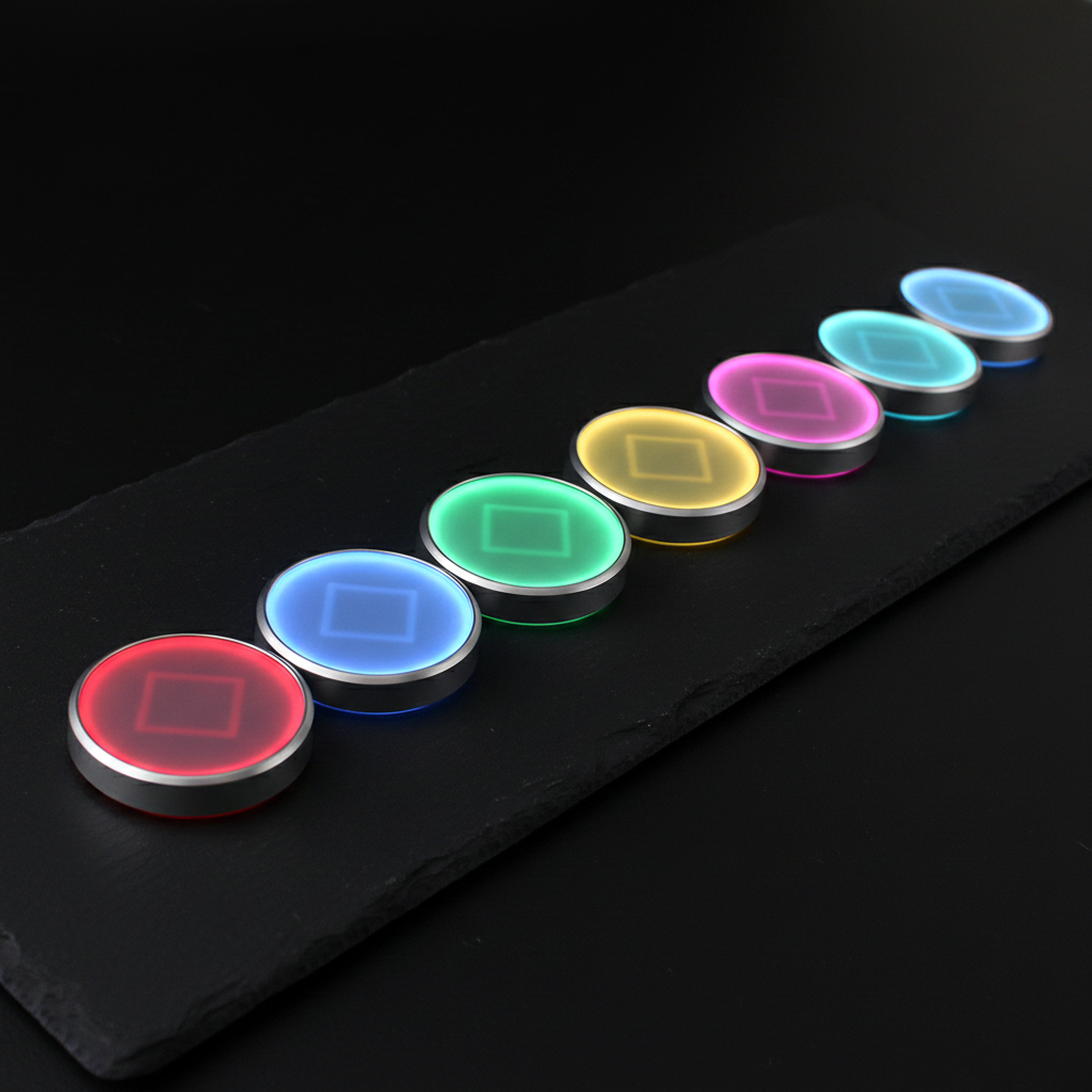 LED car coaster flat lay showing all 7 RGB color modes on dark surface