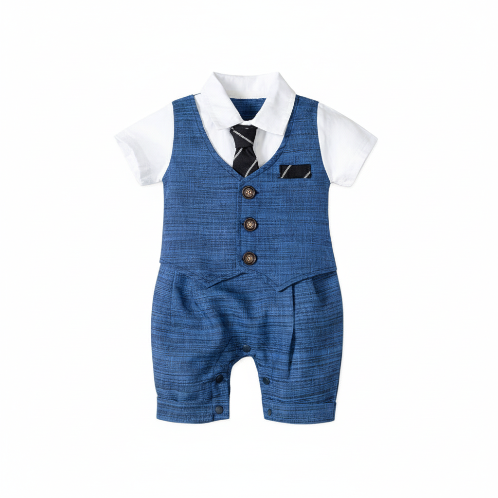 Baby boy gentleman jumpsuit flat lay on white surface