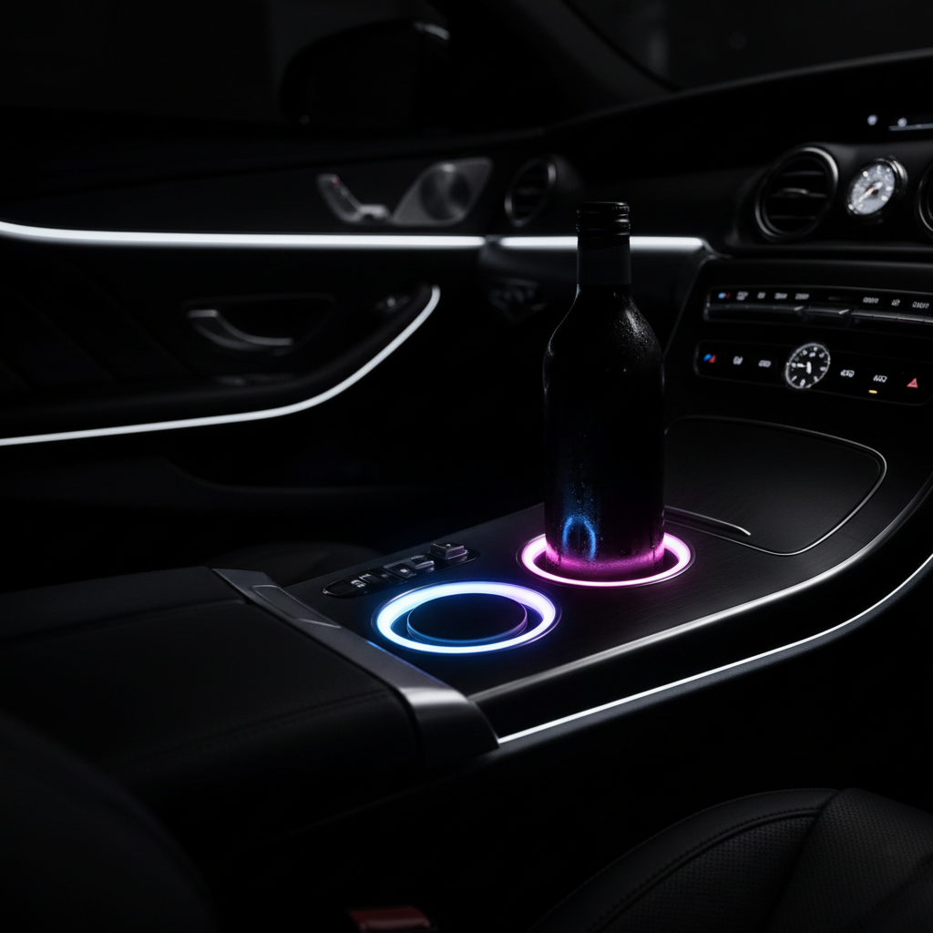 LED RGB light-up car cup holder coaster glowing with colorful ambient light in car interior at night