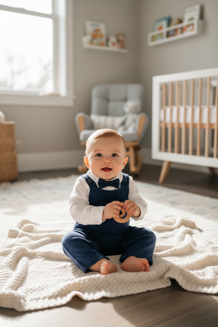 Baby boy in navy gentleman romper on white blanket in nursery