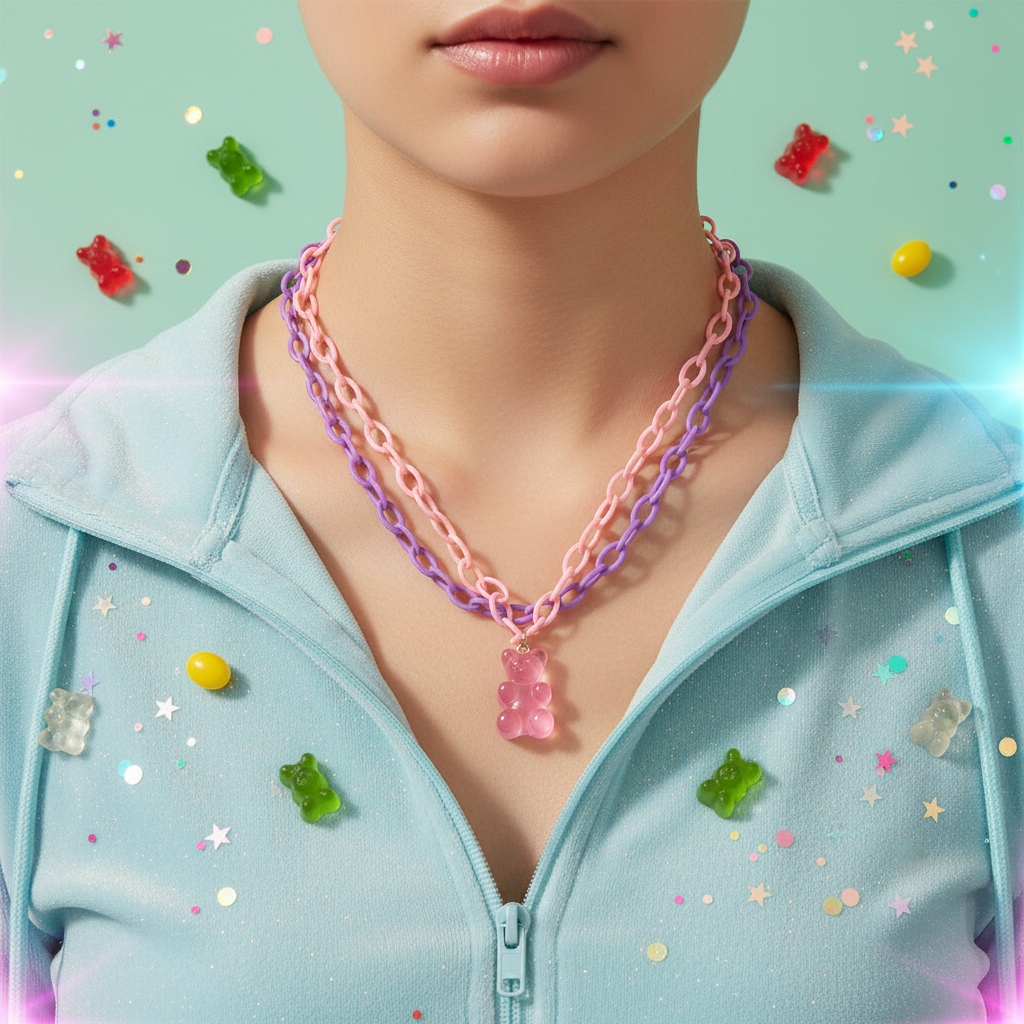 Gummy Bear Double-Layer Necklace worn by stylish person, mint green pastel background with gummy bears and glitter