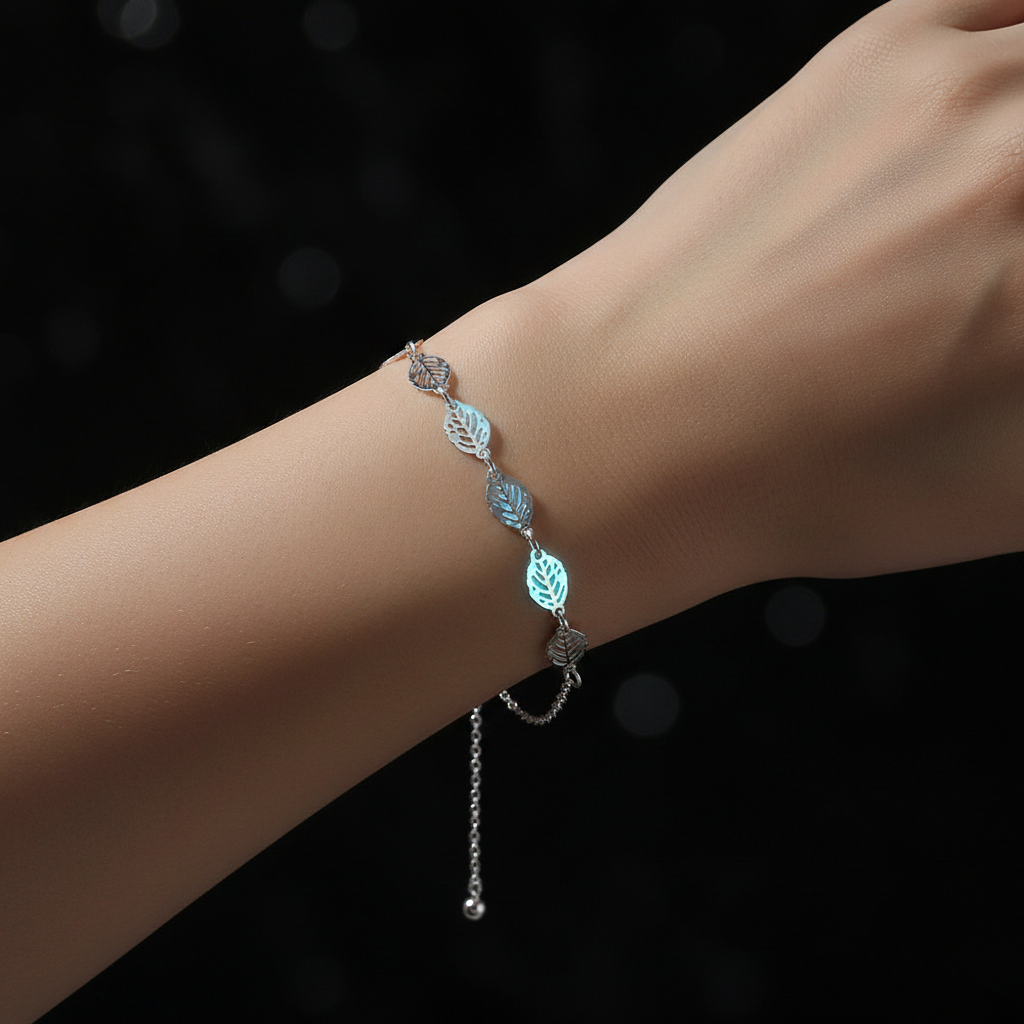 Glow-in-the-Dark Silver Leaf Copper Bracelet – Lifestyle Worn Shot