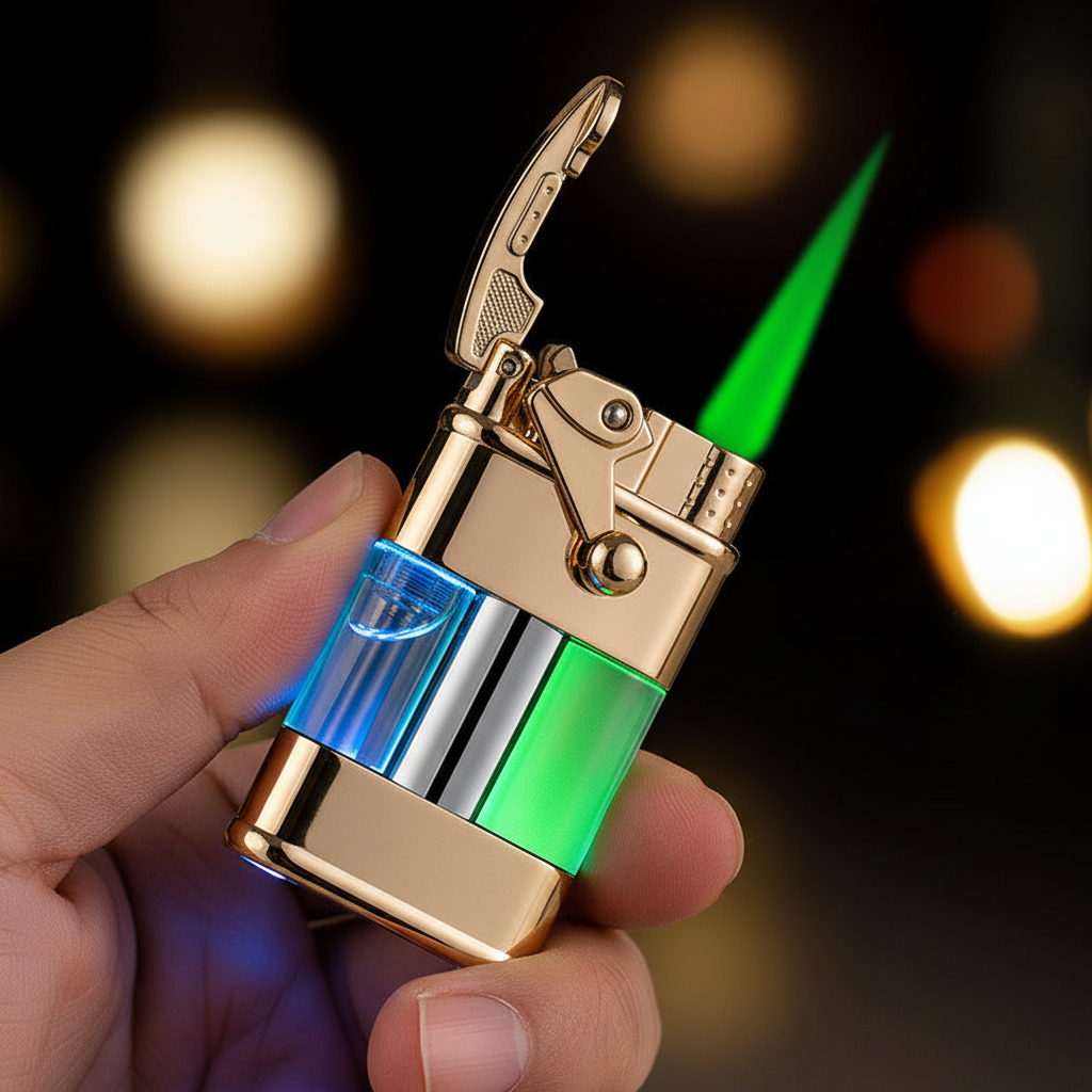 Windproof Green Flame Lighter – Metal Quicksand Design for Outdoor & Everyday Carry