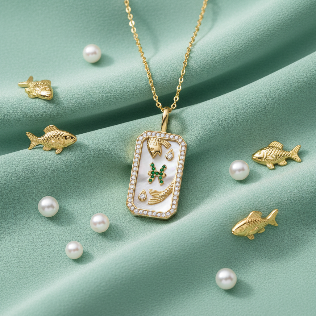 Pisces Zodiac Diamond Pendant Necklace – Seafoam Pearl Display