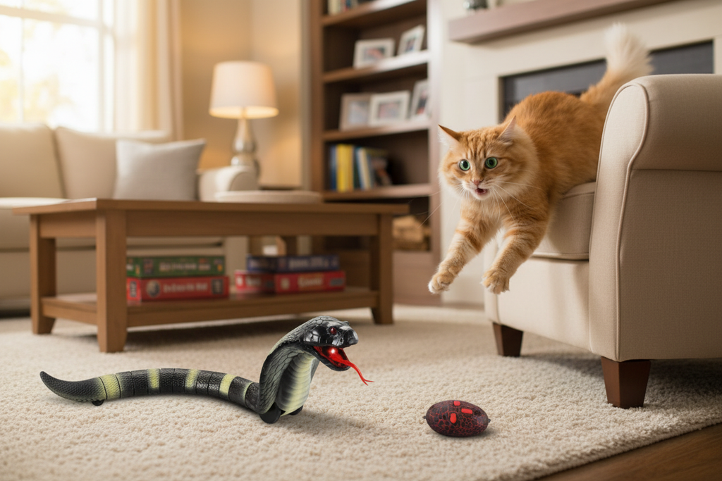 RC snake toy slithering toward surprised cat in living room