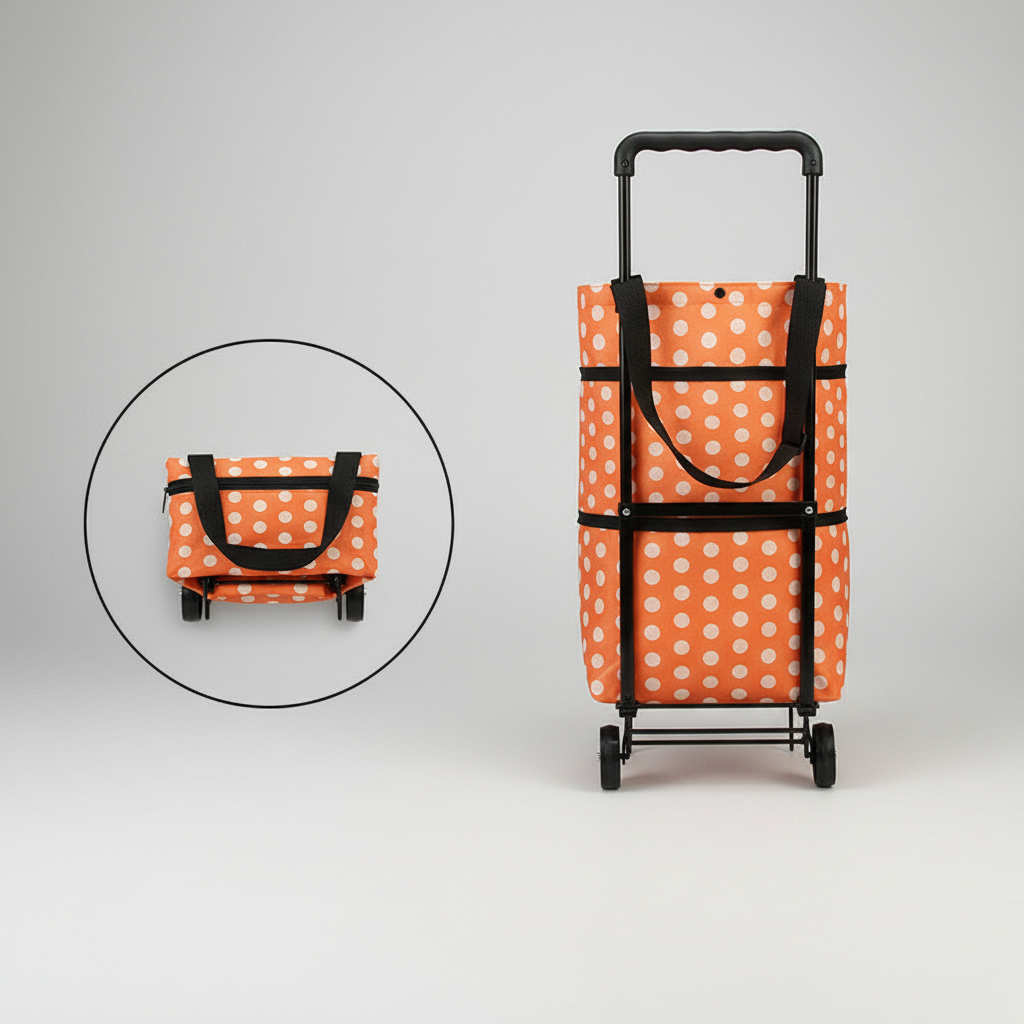 Flat lay showing foldable cart and handbag configurations side by side