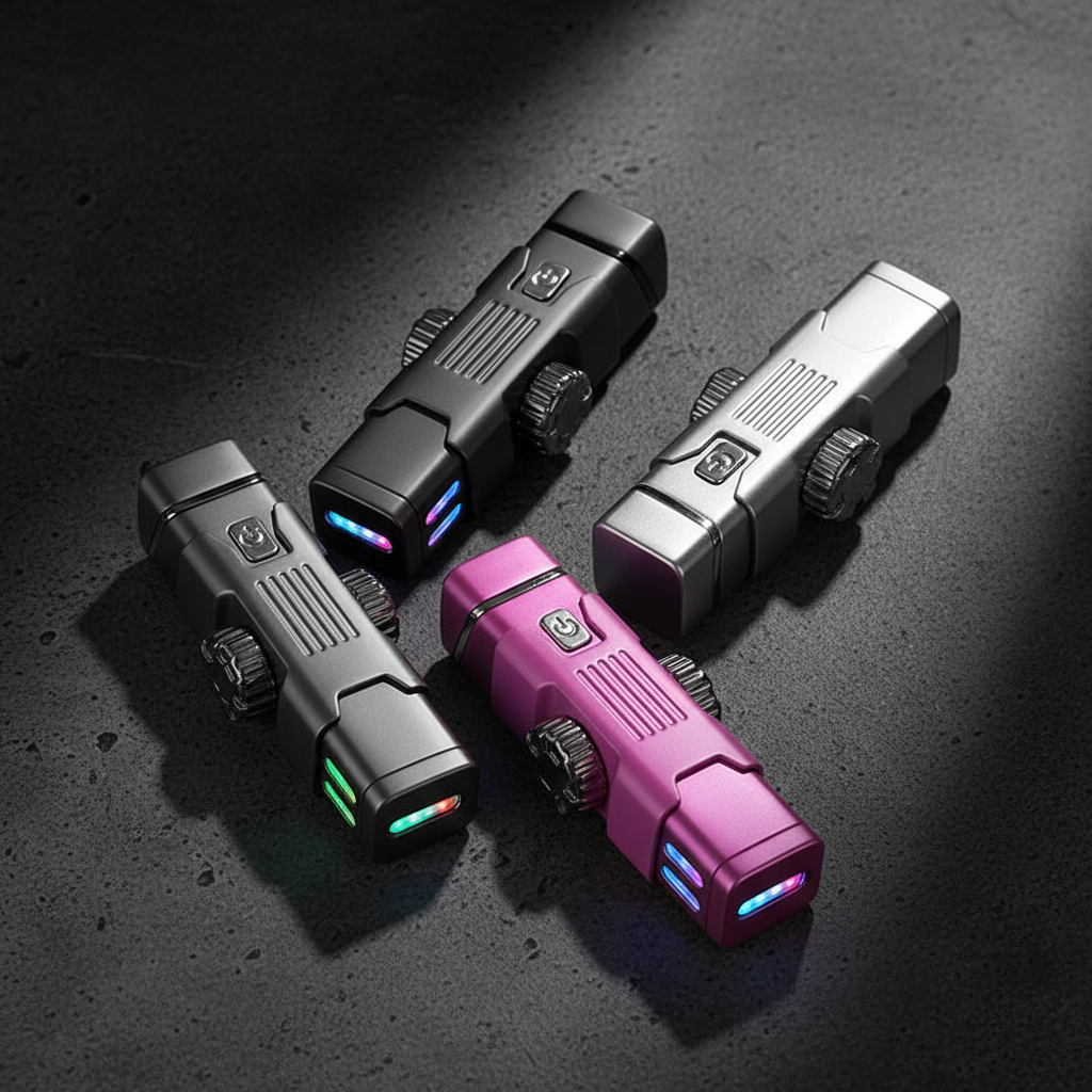 Multiple metallic gyro lighters flat lay pink gray silver purple LED glow