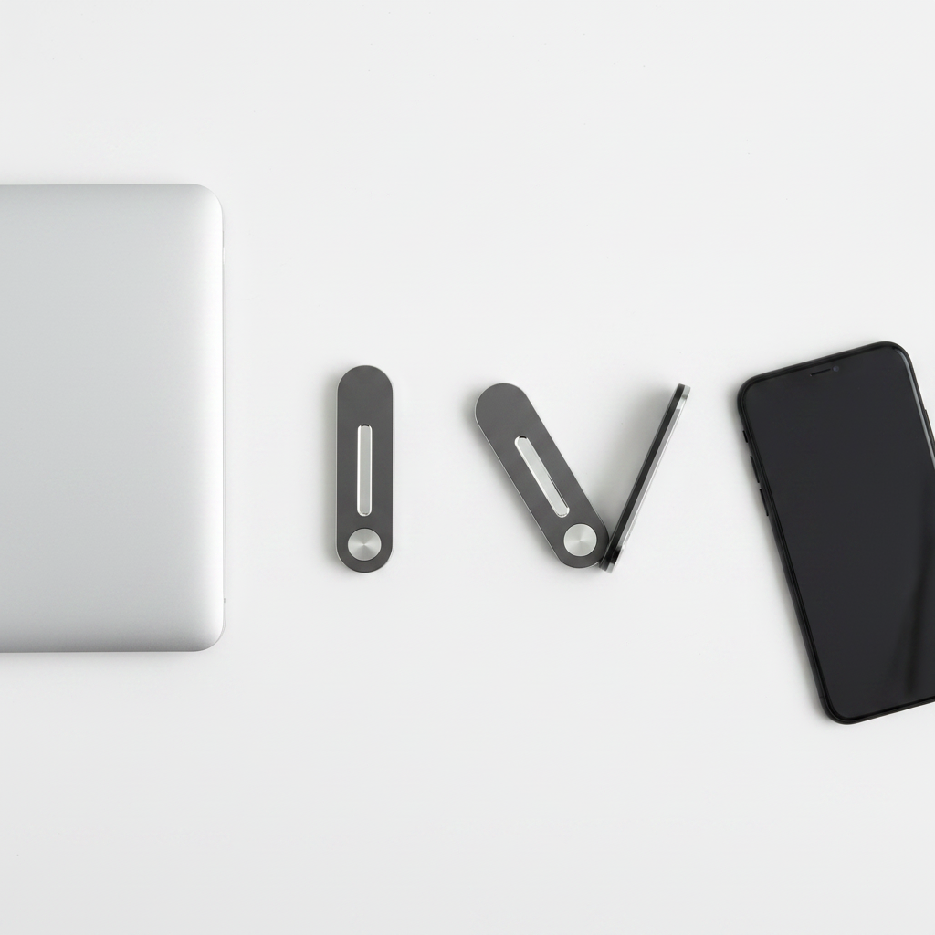 Foldable aluminum laptop phone holder flat lay shown folded and unfolded next to laptop