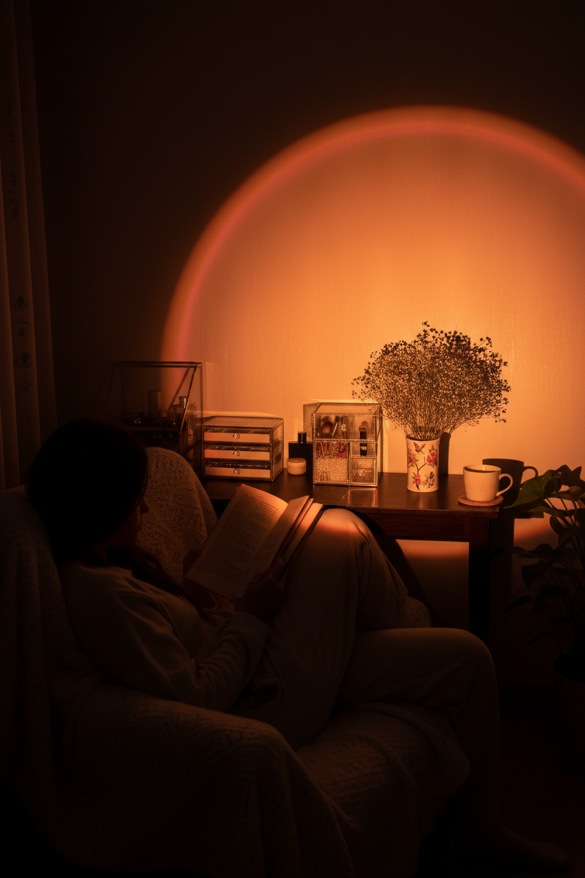 Sunset lamp projecting rainbow light across white wall person reading cozy room