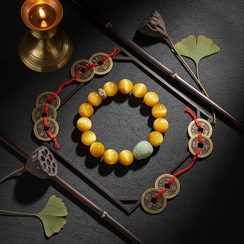 Hetian Jade Pixiu Zodiac Bracelet dark moody flat lay with feng shui props