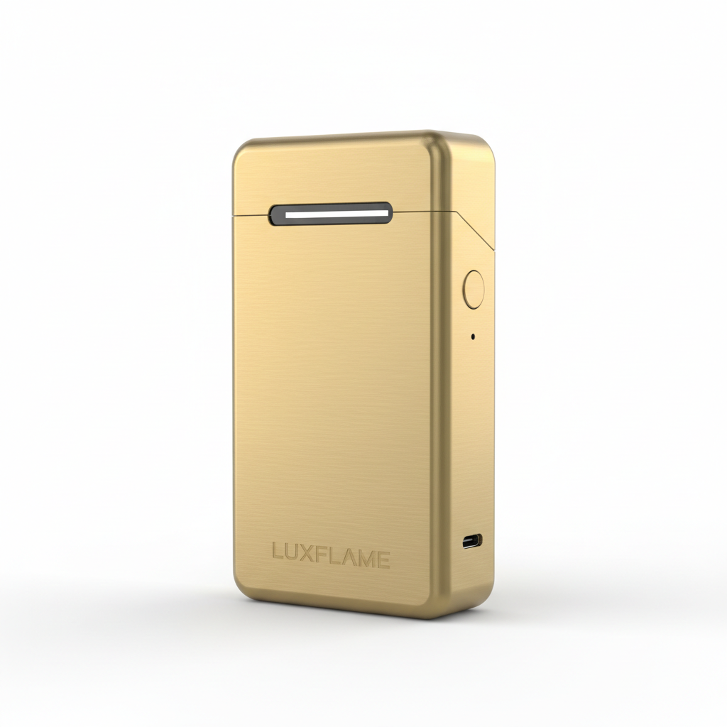 Rechargeable metal cigarette case with built-in lighter in brushed gold finish, slim premium design