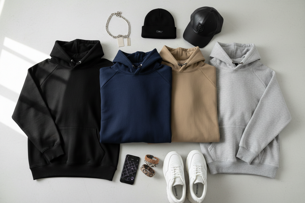 Oversized dropped shoulder hoodie lifestyle flat lay