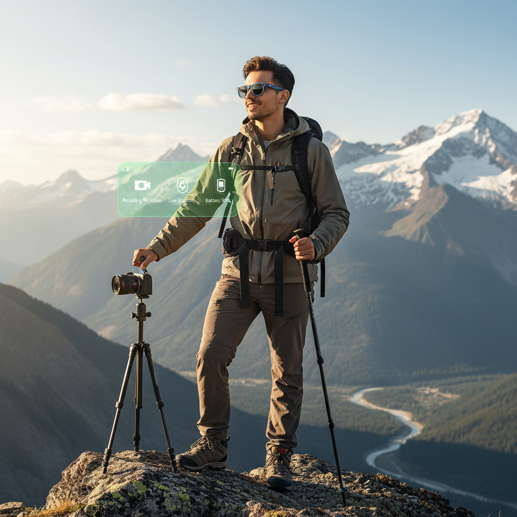 Content creator wearing AI camera glasses capturing scenic outdoor moment