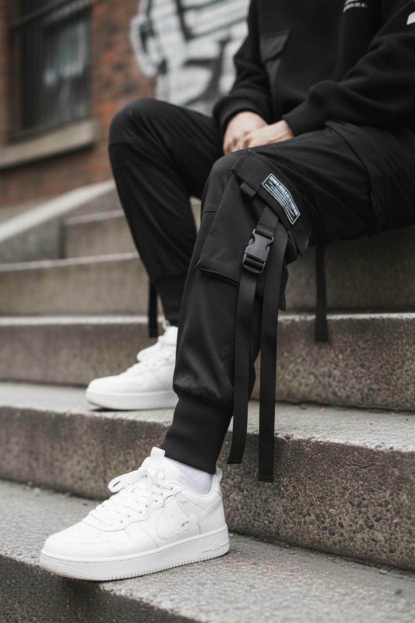 Close-up harem cargo pants ribbon detail cargo pocket seated on steps urban