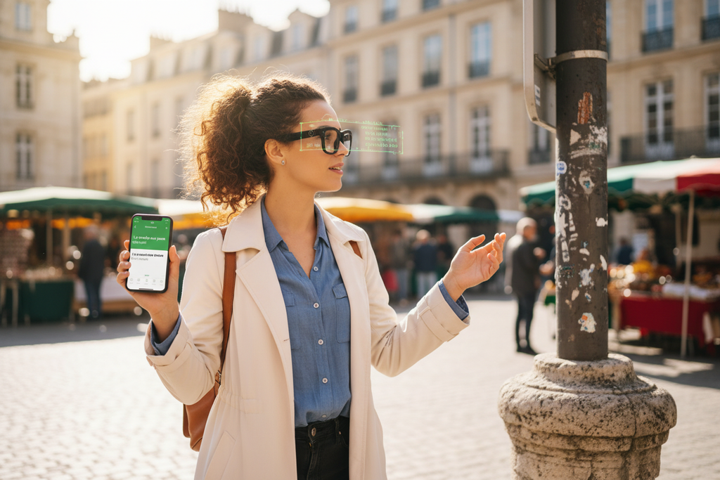 Woman wearing AI glasses traveling abroad using real-time translation feature
