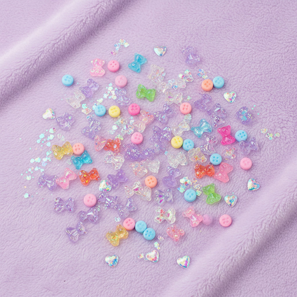 Y2K kawaii candy bear nail art charms styled flat lay on lavender background with gummy bears and holographic hearts