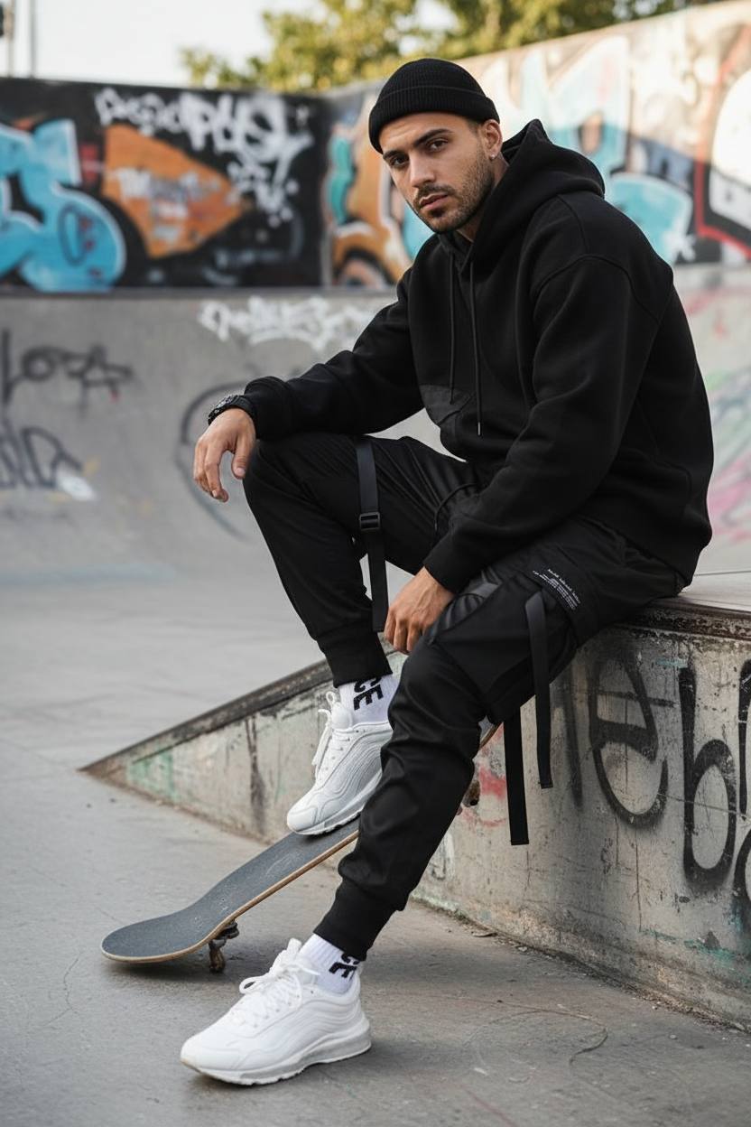 Man wearing men's harem jogger cargo pants in urban streetwear setting