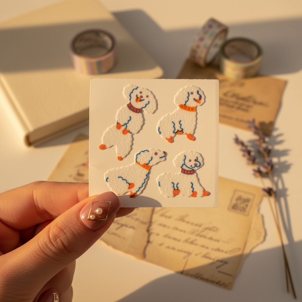 Close up woman's hand holding poodle sticker sheet