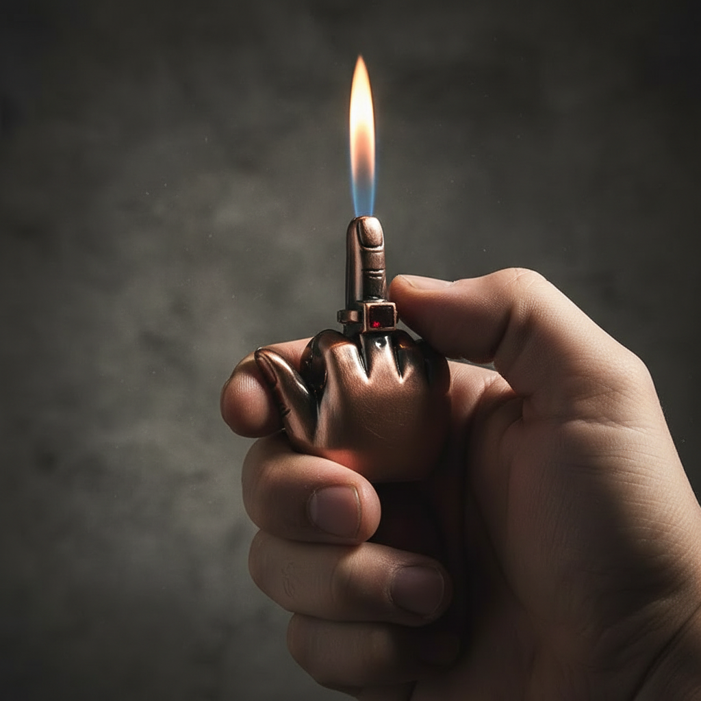 Metal finger lighter with windproof butane torch held between two fingers with blue flame lit