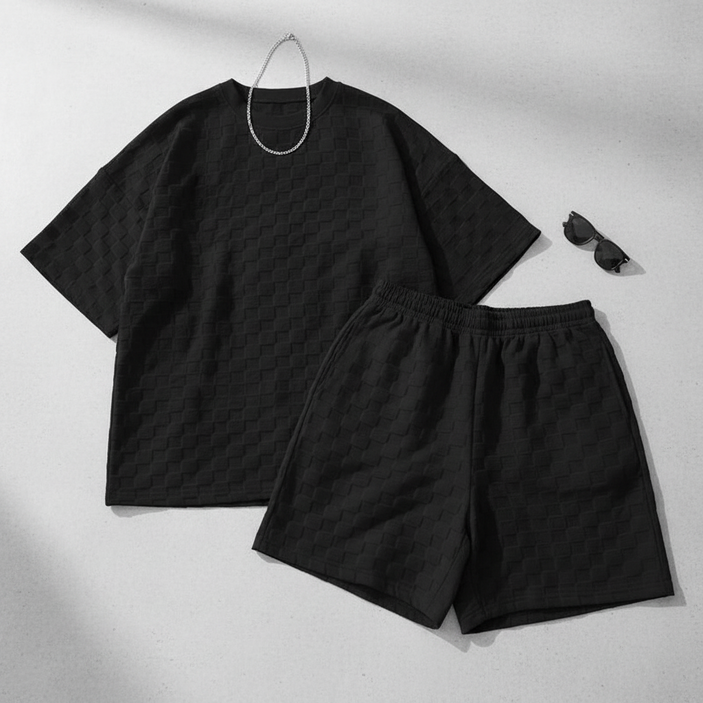 Men's jacquard plaid shorts two-piece set flat lay product detail
