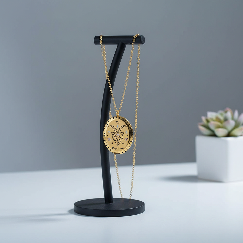Capricorn Zodiac Oval Pendant Necklace – Gold Titanium Steel