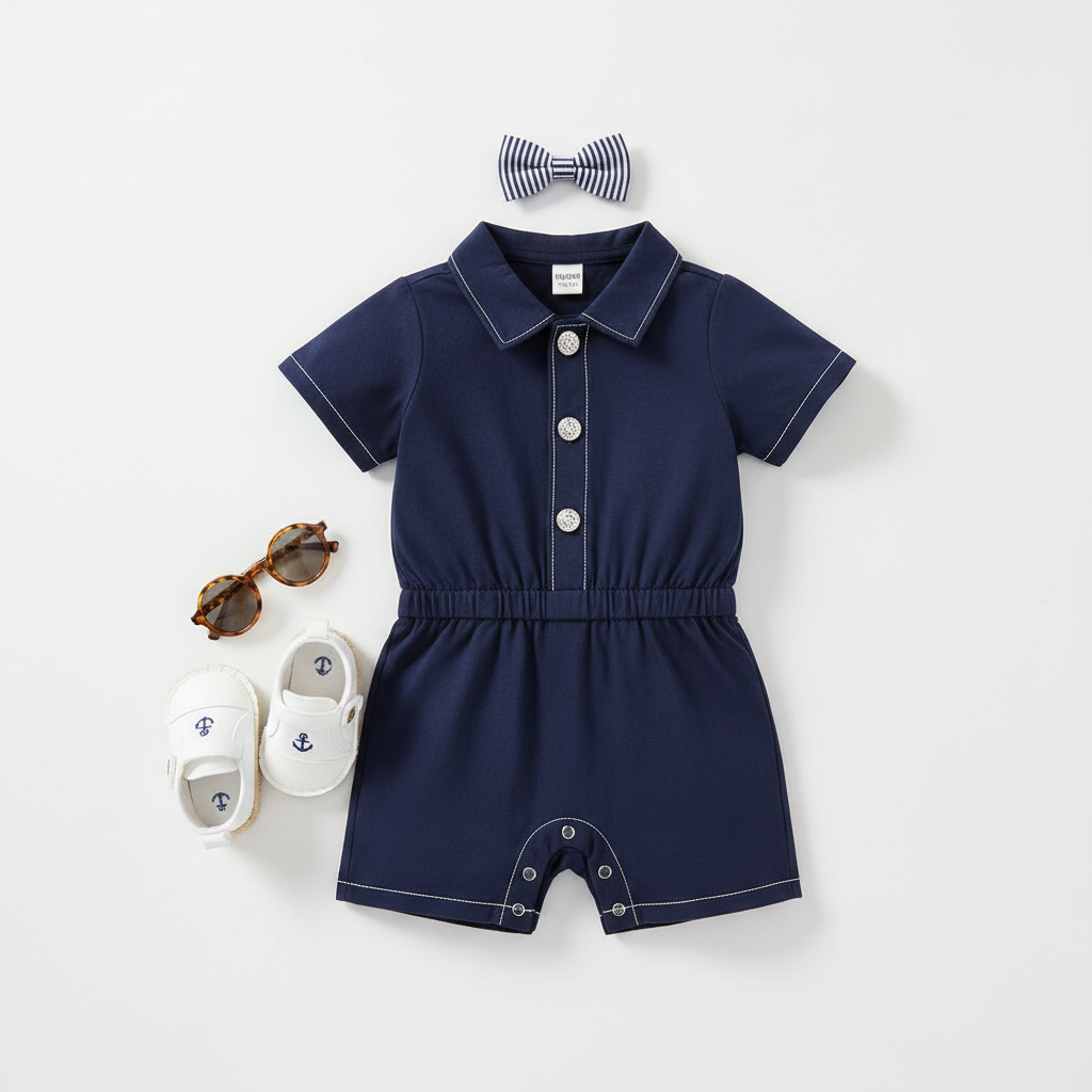 Flat lay of baby boy gentleman romper with summer accessories