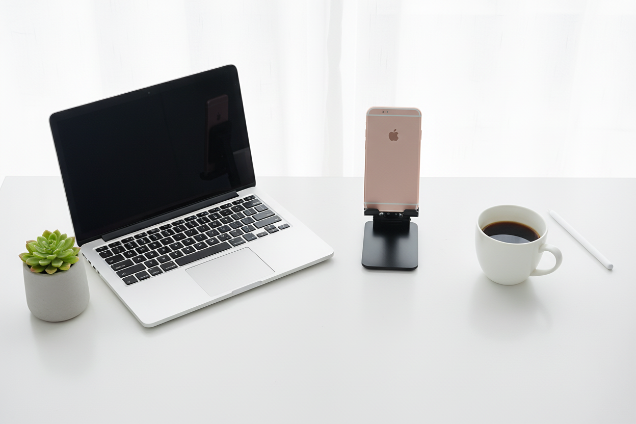 Foldable phone stand on desk with laptop and coffee