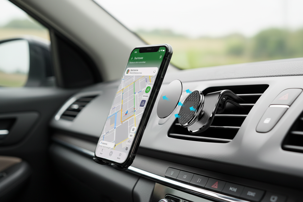 Magnetic car phone holder mounted in air vent holding smartphone