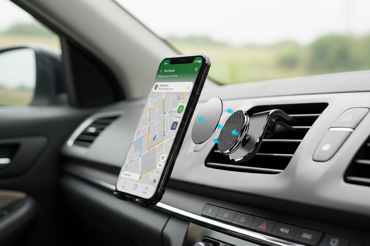 Magnetic car phone holder mounted in air vent holding smartphone