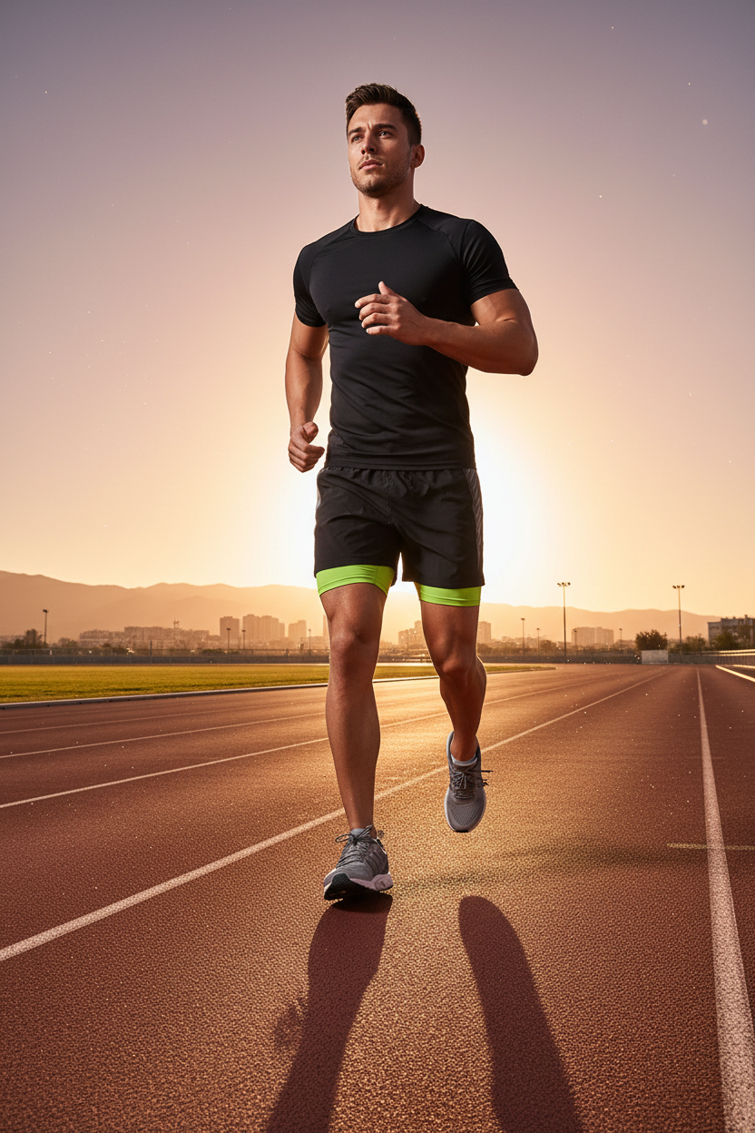 Athletic man wearing lined fitness shorts jogging on track at sunrise