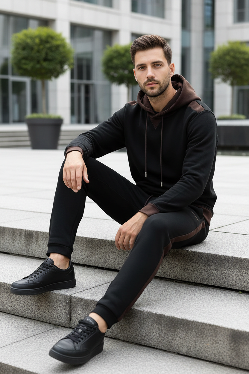 Male model wearing Men's Patchwork Hoodie & Jogger Trousers Two-Piece Set seated on city steps