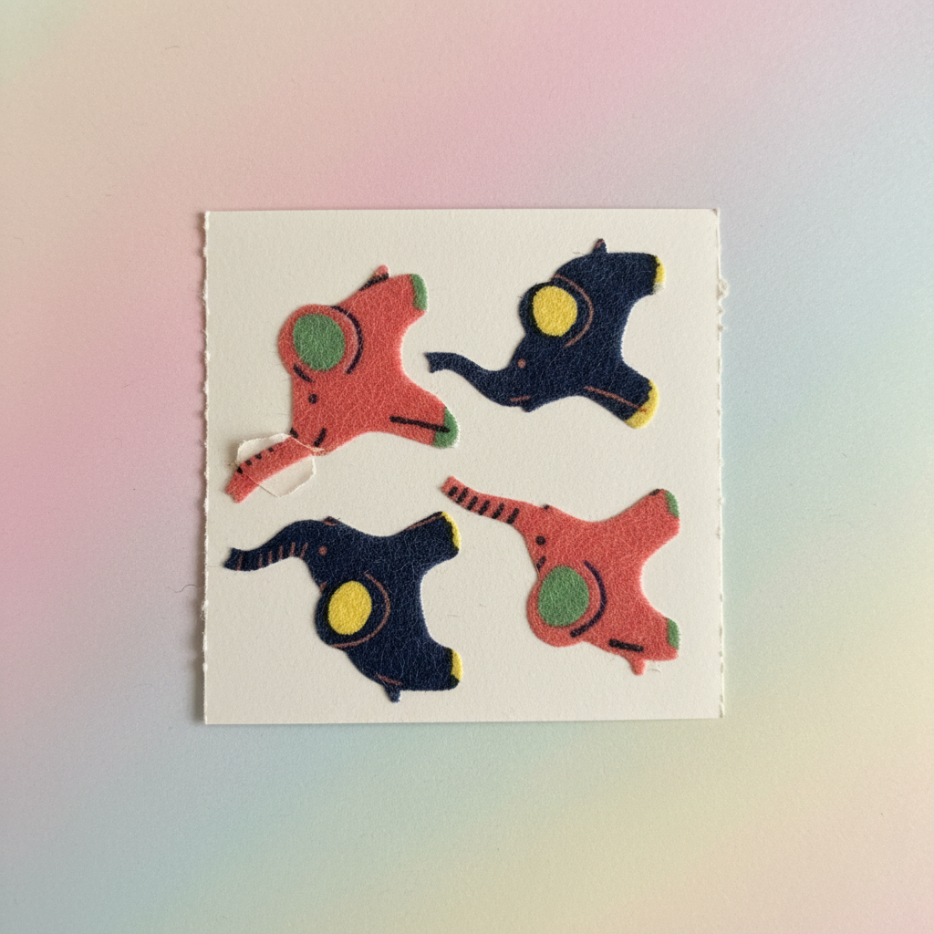 Close-up flat lay of vintage Great Seven fuzzy flocked elephants sticker sheet