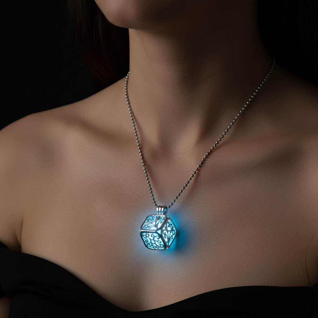 Glow-in-the-Dark Hollow Pendant Necklace – Lifestyle Worn Shot