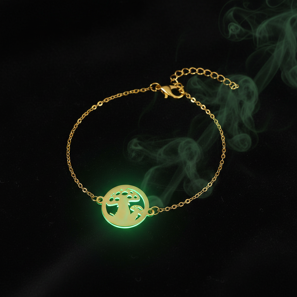 Glow-in-the-dark brass mushroom bracelet glowing green on black velvet