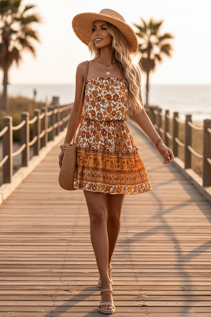 Woman wearing boho floral strapless mini dress walking on sunny beach boardwalk