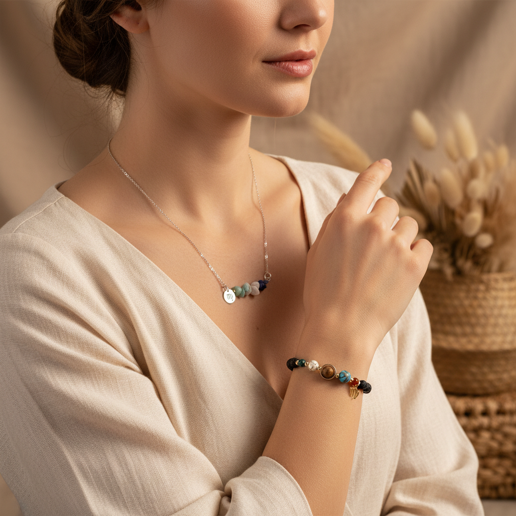 Natural stone zodiac necklace and bracelet set worn lifestyle boho